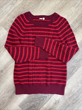 GAP Red Burgundy Striped Cable Knit Crewneck Cotton Sweater Size Medium